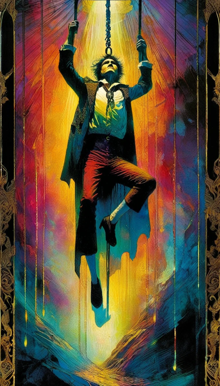 ((tarot card)) the hanged man, bill sienkiewicz art, intricate details, vivid colors, oil painting, surreal, dramatic lighting, cinematic composition, masterpiece, photorealistic, 8k, high resolution