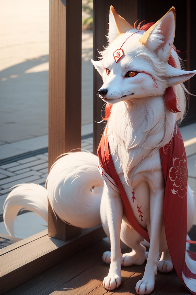 a white Japanese fox with nine tails, a symmetric red line on the head, and a natural red colour at each tail tip and ear tip.