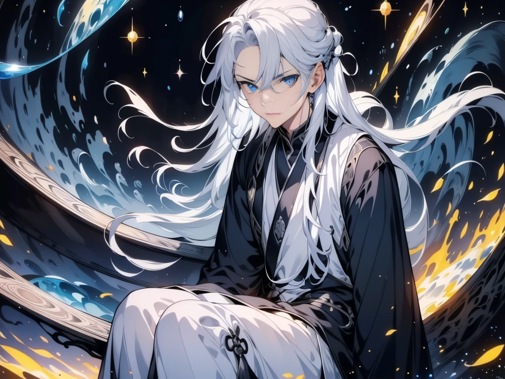 An old man with white hair，Sitting alone，masterpiece, best quality, high quality, Extremely detailed Cg Unity 8K wallpaper, Depth of Field, Human Development Report,,Reality,Extremely detailed, complex, High Detail, universe, space, Galaxy, Star, planet, astronaut, universe, Heavenly, nebula, Black Hole, Solar System, universe射线, Supernova, Deep space, Astronomical objects
