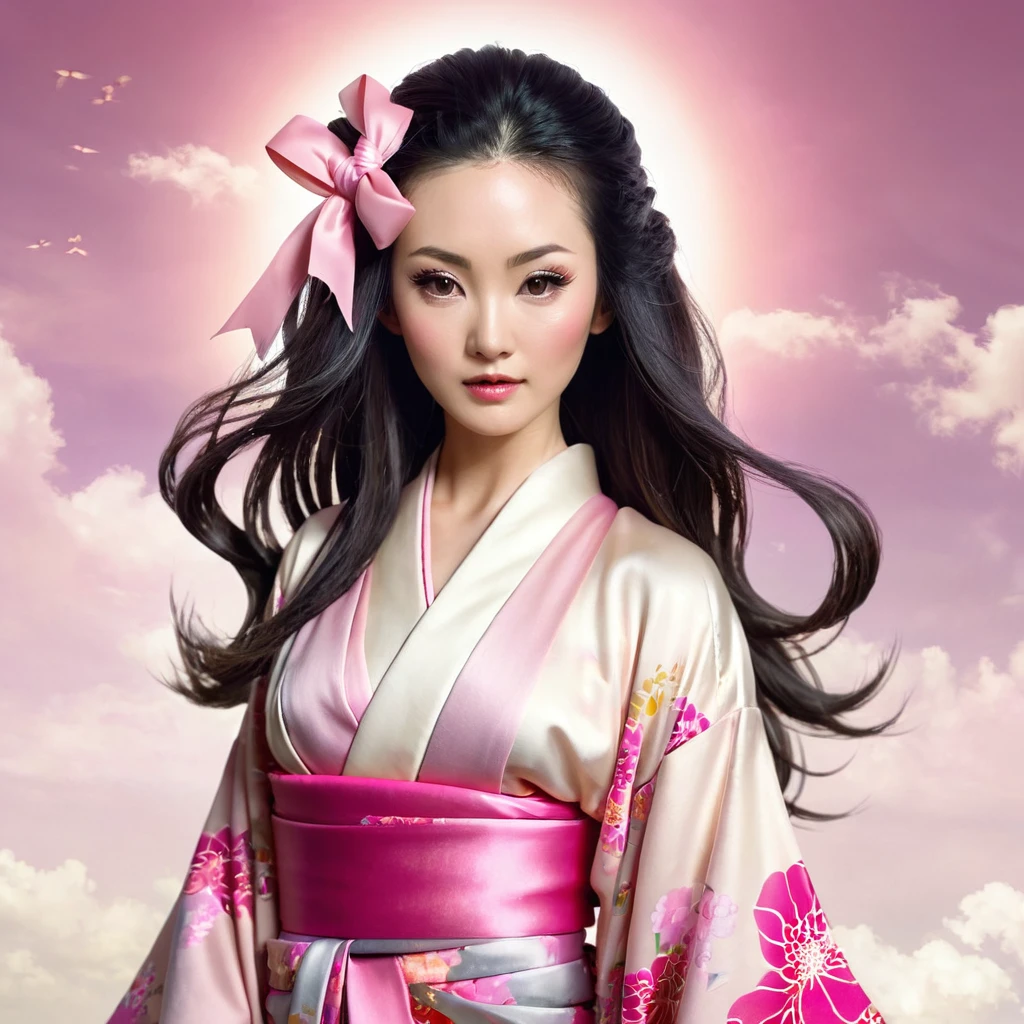 masterpiece, (realistic:1.5), realistic eyes, asian women, best quality, beautiful lighting, professional lighting, photon mapping, radio city, Physically Based Rendering,, kamado nezuko, 1 woman, black hair, forehead, hair ribbon, japanese clothes, kimono, long hair, multicolored hair, dehisce, pink eyes, pink kimono, pink ribbon, ribbon, laugh, very long hair, sky, ((getting old)),, (raw photo, 8k words, film grain)