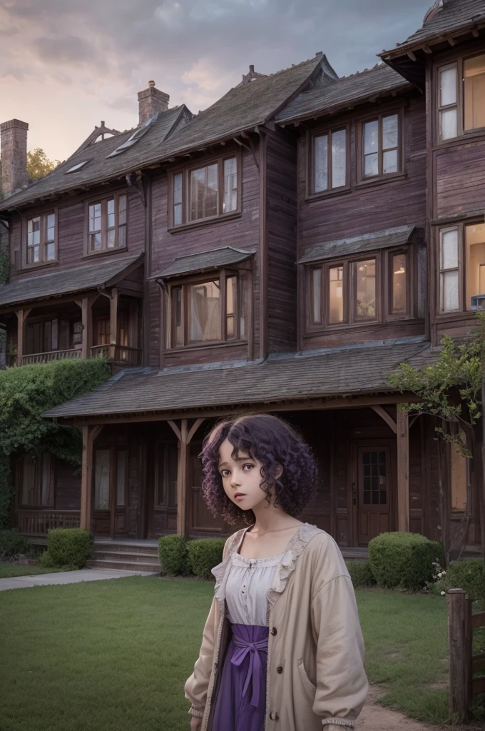 In the background a haunted house and in the front 4 characters, a boy with curly hair, a girl with purple curly hair, a girl with short curly hair and a girl with long curly hair