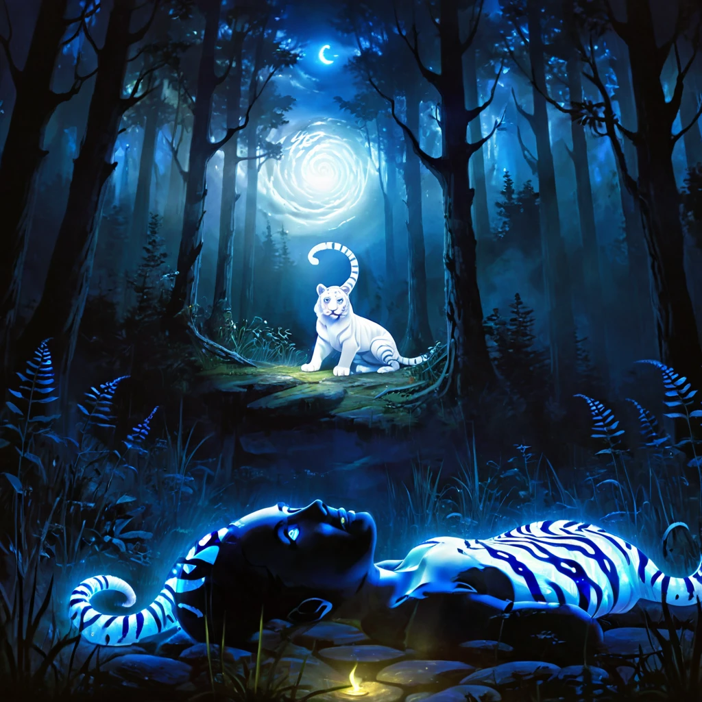 spirit animal, score_9, score_8_consolation, score_7_consolation, score_6_consolation, score_5_consolation, score_4_consolation, ethereal ghost baby tiger, Beloved, cartoon character, glowing blue eyes, glowing snake, fantasy forest at night time, realistic, very detailed, There are no humans