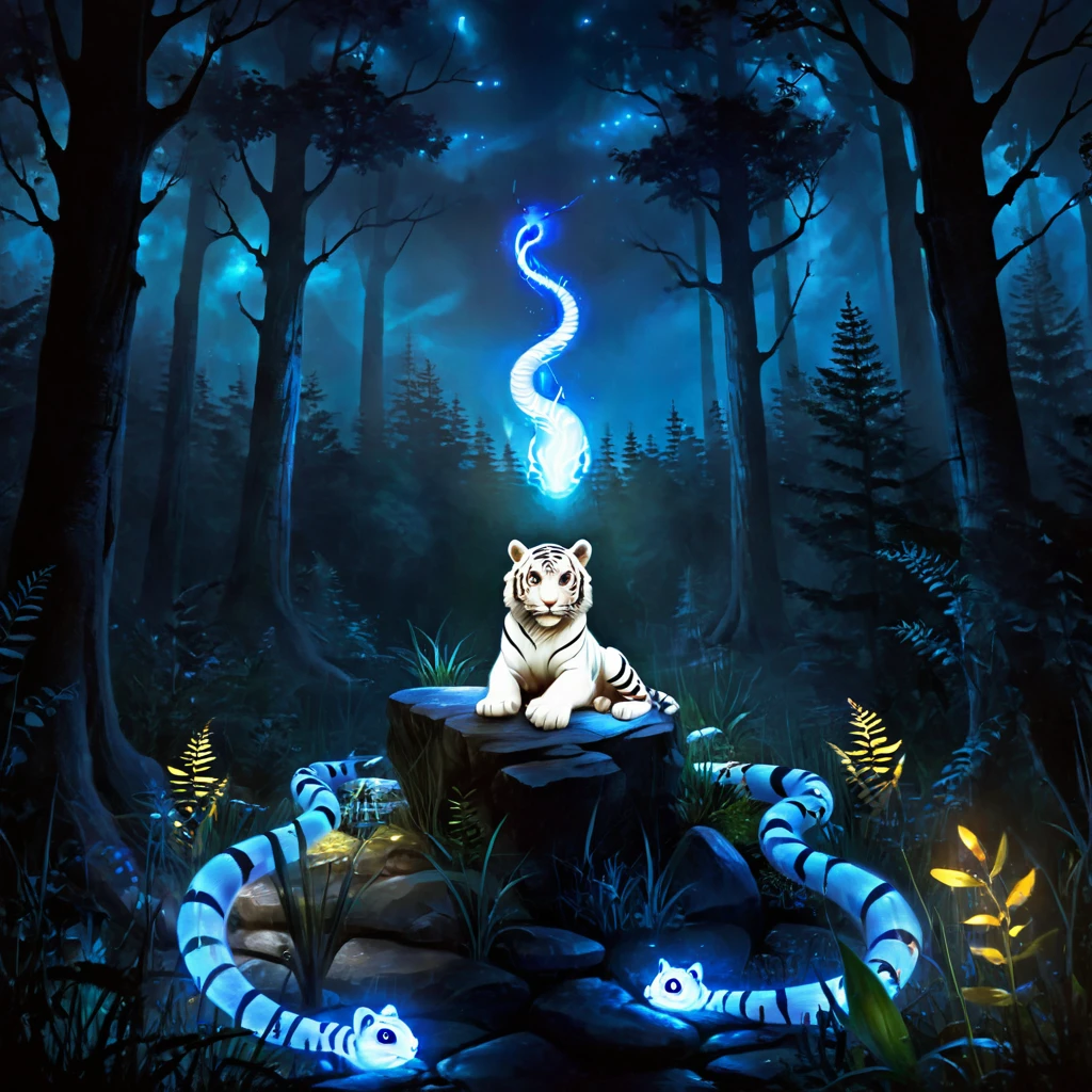 spirit animal, score_9, score_8_consolation, score_7_consolation, score_6_consolation, score_5_consolation, score_4_consolation, ethereal ghost baby tiger, Beloved, cartoon character, glowing blue eyes, glowing snake, fantasy forest at night time, realistic, very detailed, There are no humans