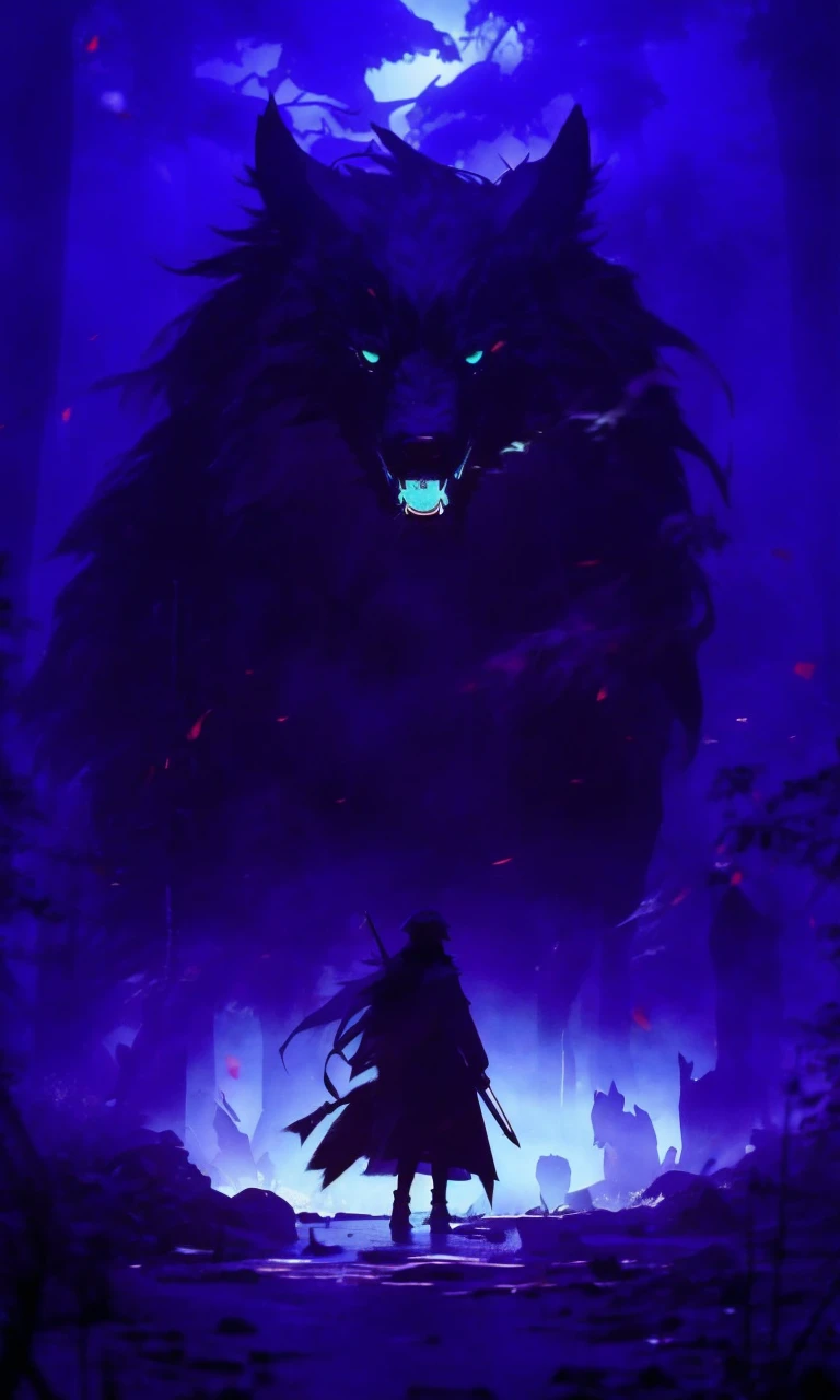 Giant wolf all hairy in a dark forest, there is fog around and there are orange rays around the wolf There is a white-haired  in front of him 