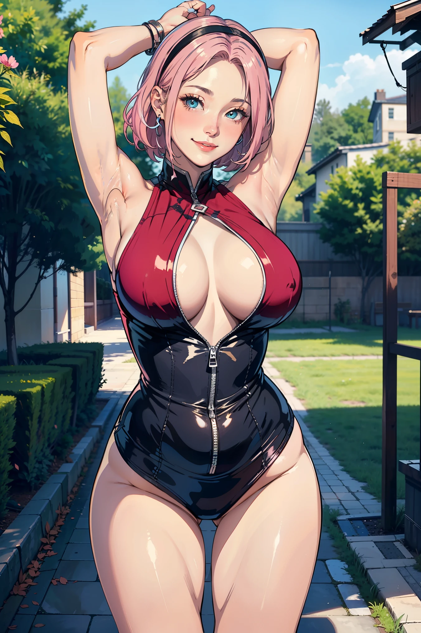 Masterpiece, high quality, 8k, ultra detailed, detailed face, (large breast),1girl, pink hair, (best quality:1.3), sakura, large breasts, (smiling, blushing:1.1), (pov), (grabbing breasts:1.8) standing, blush, bright eye, outdoors, (detail face), jeanfavonian, stand up straight, smile, (armpits poses)