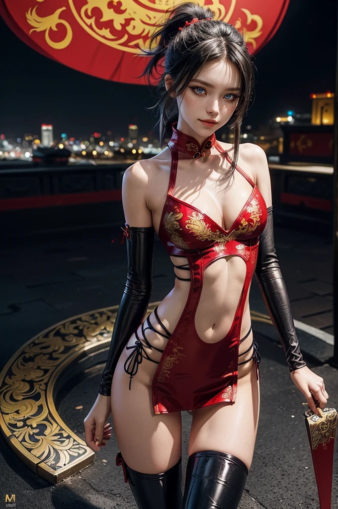 (RAW photo, best quality), Cute girl with short black hair, (ponytail), (city roof at night background), low light , dark eyeliner, cute smile, gorgeous face , super cute, 18 years old , young looking, hyper detailed face, dark eyeliner, (medium breast), (thin waist, super slender), (bare shoulders, (exposed hips), skintight and red PVC qipao china dress with yellow dragon decoration and vivid patterns, deep black leather thigh high boots, red PVC arm sleeves with yellow flower decorations and vivid patterns, cleavage, ((both hands on waist)), one leg in front of the other, (((very extremely small small navel exposure))), (metal silver belt)