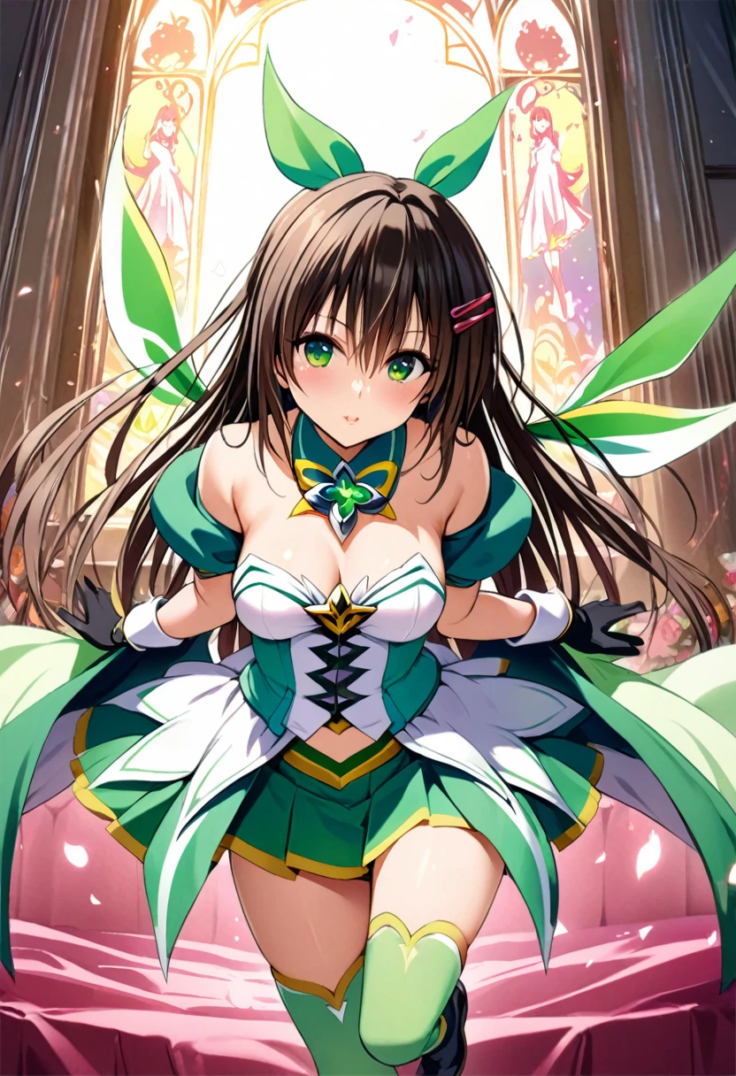 masterpiece, Highest quality, High resolution、Highest quality、unity 8k wallpaper、32k、Very detailed、超High resolution、Very detailedな顔、RAW Photos、Professional、Ultra-fine painting、Magical Girl Yui Kotegawa、Yellow and green magical girl costume、Puff sleeves、Pleated skirt、Long gloves、Thigh-high socks、High cut high heel boots、On her chest is a large yellow and green ribbon with a large emerald brooch、Hair Clip、Hair Ribbon、kotegawa yui