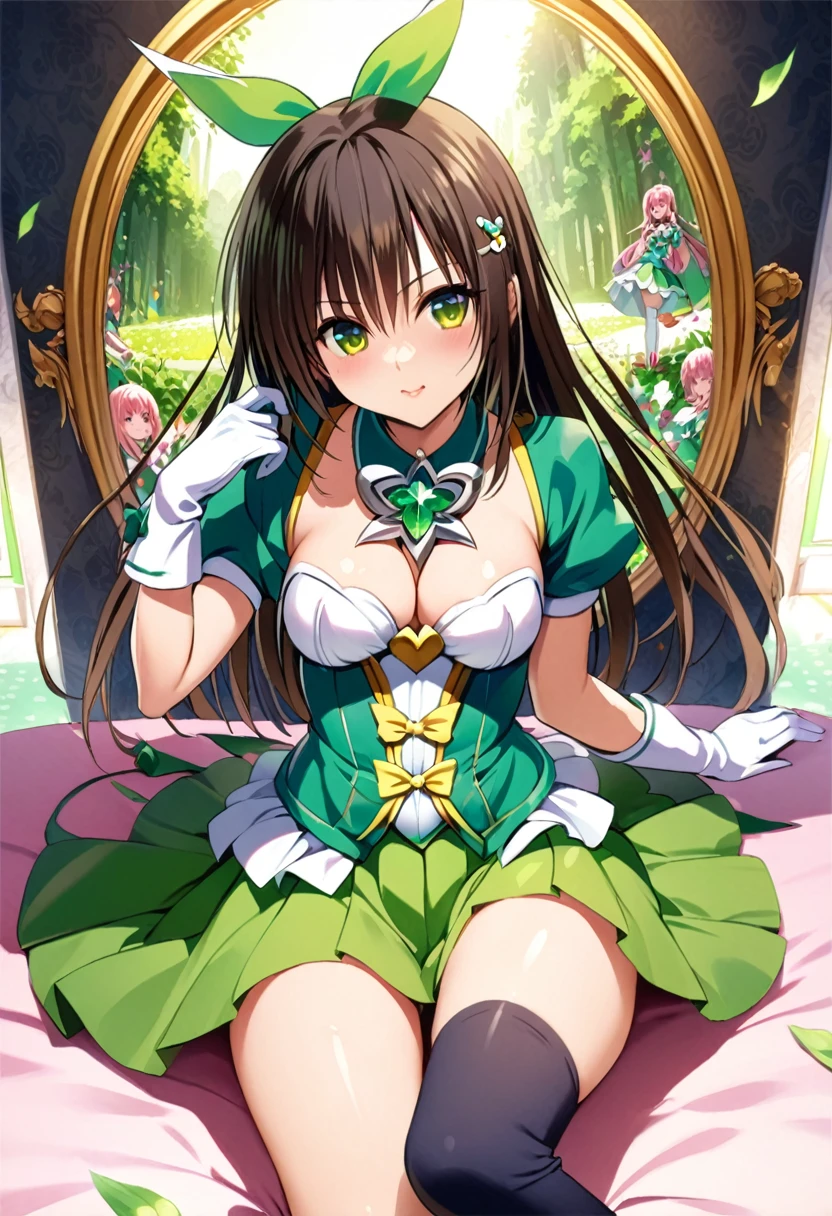 masterpiece, Highest quality, High resolution、Highest quality、unity 8k wallpaper、32k、Very detailed、超High resolution、Very detailedな顔、RAW Photos、Professional、Ultra-fine painting、Magical Girl Yui Kotegawa、Yellow and green magical girl costume、Puff sleeves、Pleated skirt、Long gloves、Thigh-high socks、High cut high heel boots、On her chest is a large yellow and green ribbon with a large emerald brooch、Hair Clip、Hair Ribbon、kotegawa yui