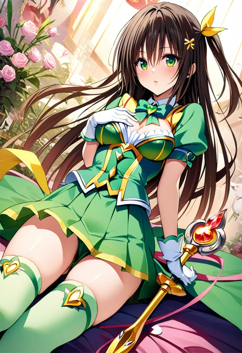 masterpiece, Highest quality, High resolution、Highest quality、unity 8k wallpaper、32k、Very detailed、超High resolution、Very detailedな顔、RAW Photos、Professional、Ultra-fine painting、Magical Girl Yui Kotegawa、Yellow and green magical girl costume、Puff sleeves、Pleated skirt、Long gloves、Thigh-high socks、High cut high heel boots、On her chest is a large yellow and green ribbon with a large emerald brooch、Hair Clip、Hair Ribbon、kotegawa yui