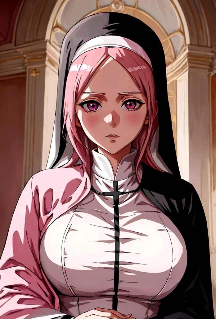 Anime, white girl, nun, royal clothes, pink hair, she is praying, she has serious face