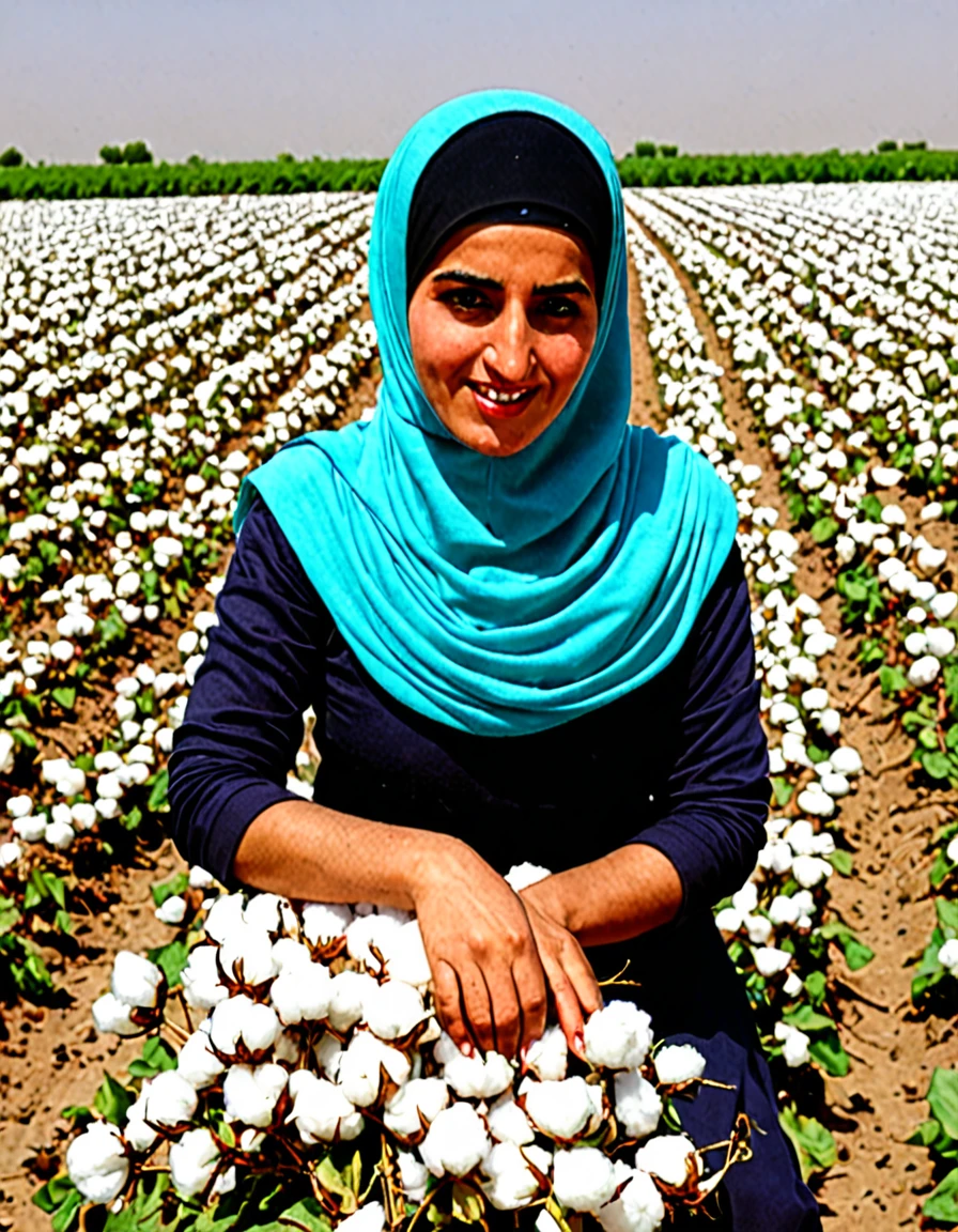 Kurdish woman in hijab working in cotton land