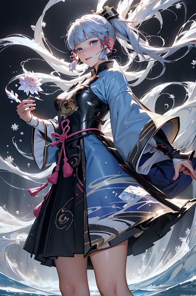 ((kamisatoayakadef)),1 Anime Girl, Warrior, Realistic people,Realistic, beautiful, smile, elegant, Majestic, Splash Art, Particles of light, Diamond Blade, (Cold Energy, Cold Blast, cold water: 1.4) Dynamic pose, ((fan、fanを持っている))((fanを広げる)),milky way, (Fractal Art:1.1), (colorful:1.1),(iceの花:1.4), (Spiral Splash), Most detailed,(抽象的なbackground:1.1), (Shiny skin), (Many colors:1.4), Ultra-high resolution, retina, masterpiece, Accurate, Anatomically correct, texture.(background:ice, snow, crystallization)
