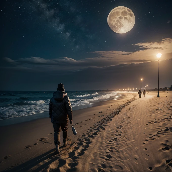 Monster, walking on sand, fullmoon on the background