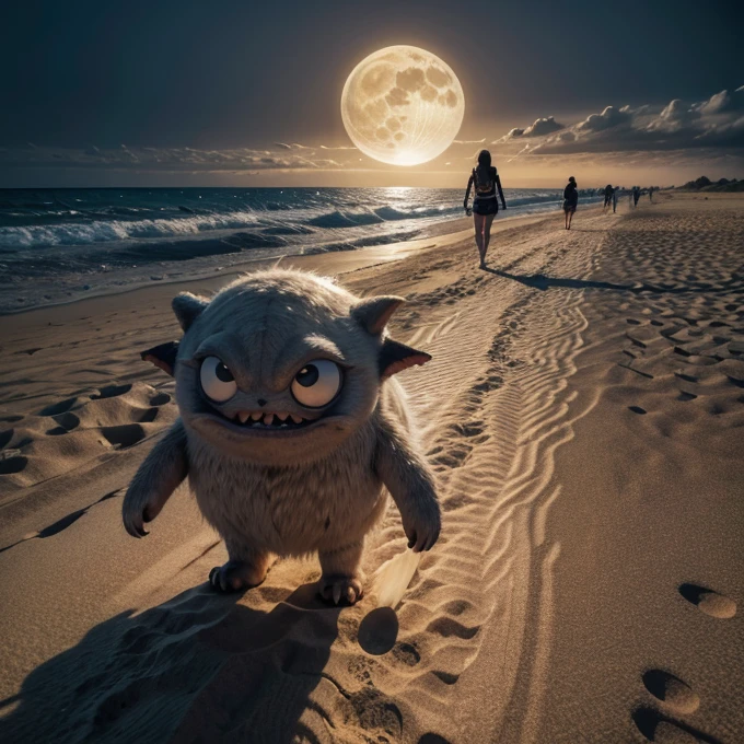 Monster, walking on sand, fullmoon on the background