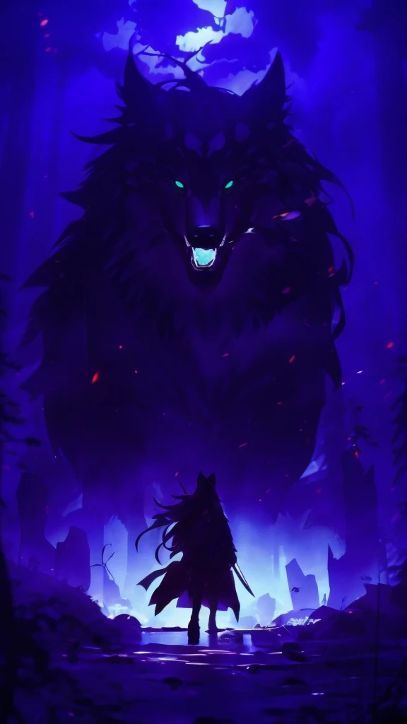Giant wolf all hairy in a dark forest, there is fog around and there are orange rays around the wolf