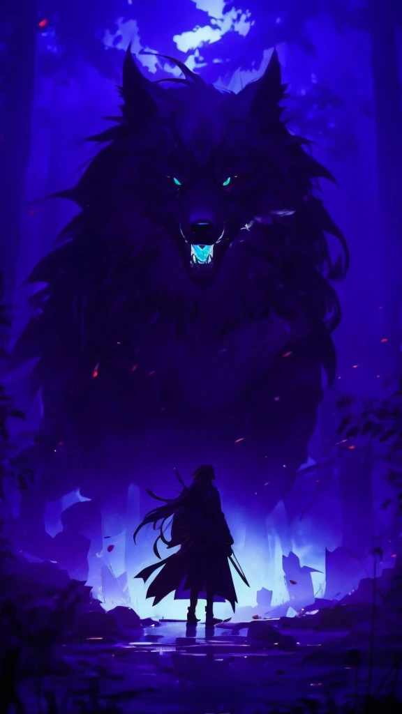 Giant wolf all hairy in a dark forest, there is fog around and there are orange rays around the wolf