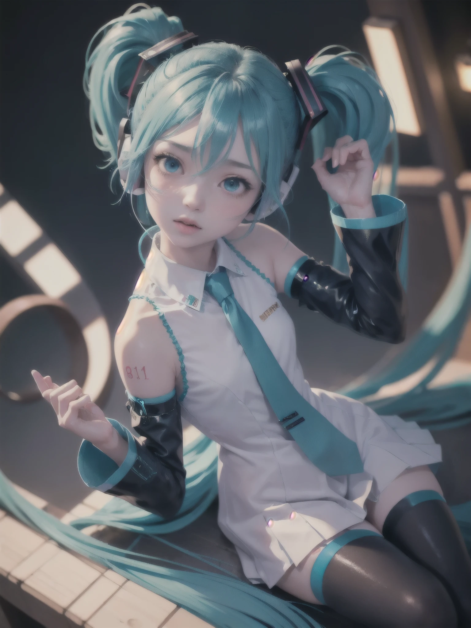 (real, 8k, masterpiece, top quality, best quality, beautiful and aesthetic:1.2, professional illustrasion:1.1 ,ultra detail:1.3 , perfect lighting), highly detailed ,
 hatsunemikuf, earphone  1girl, ripe, intricate details, blush
 Loraeyes