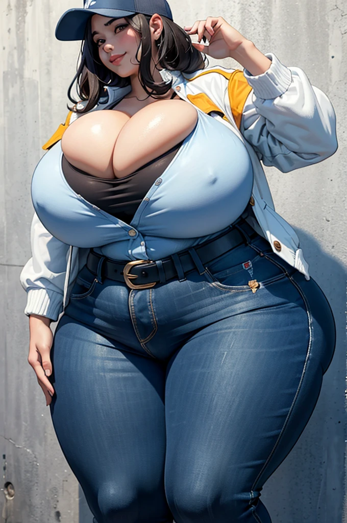 three extremely thicc and large latino women hugging, huge bust, 250 pounds of sensuality,  pants, massive breasts, slim-thicc, smiling, sbbw, plus size woman, belt, thicc, hand on shoulder, wearing a baseball cap,  shirt, white jacket, voluptuous body, leaning backwards