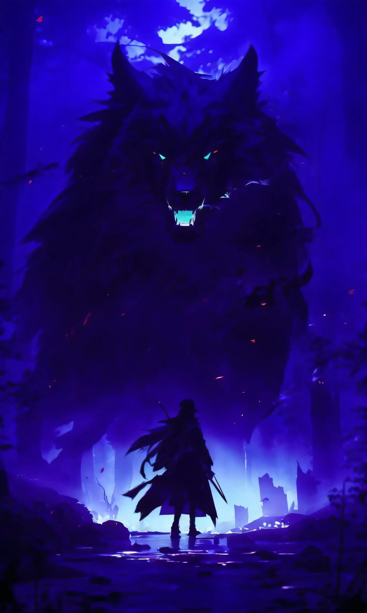 Giant wolf all hairy in a dark forest, there is fog around and there are orange rays around the wolf There is a white-haired  in front of him 
