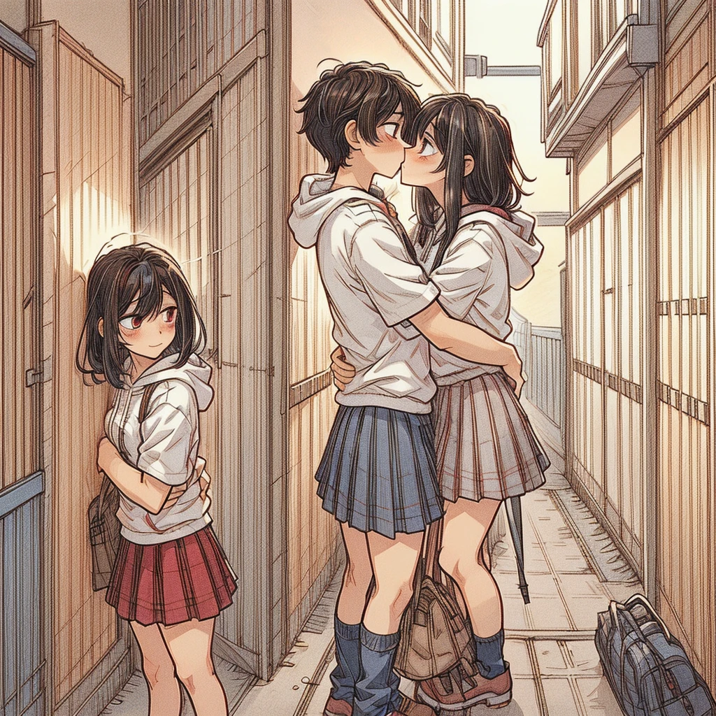 (best quality:0.8) perfect anime illustration, a pretty, happy woman with long straight black hair and red glowing eyes on the street in the city, wearing a hoodie, skirt, and, happy man with short straitght brown hair and dark red eyes, face to face, kissing, kiss girlfriend, kissboyfriend, hetero couple kiss, romantic couple