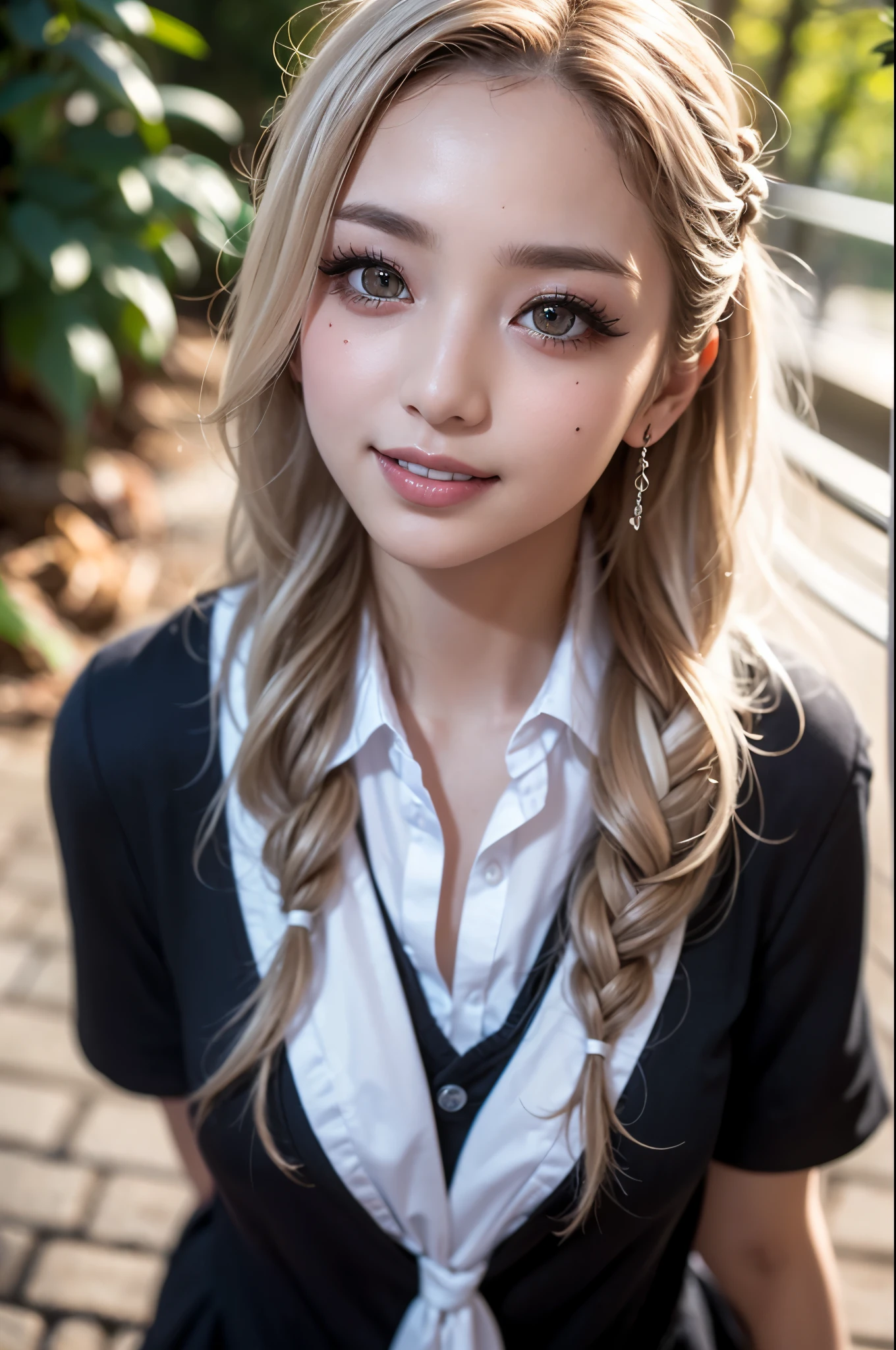 Realistic, masterpiece, Highest quality, Highest Resolution, High Detail, Soft Light, Professional Lighting, Backlight, Film Grain, The background is blurred, Japanese , (The subject was photographed from above at an angle, The model does not look at the camera:1.3), 16 years old, Upper body photo, Looks sleepy, inattention, Grinning, Open your mouth, Beautiful and detailed eye drawing, (Droopy eyes:1.3), Dark Eyes, Thin eyebrows, Draw eyelashes carefully, Eyelash extensions, Gal Makeup, Orange Cheek, (White brown wavy hair, Long Hair, Hair tied back, middle part:1.3), (Hidden eyelid wrinkles:1.3), (Gothic summer school uniform:1.3), (Summer forest:1.3)