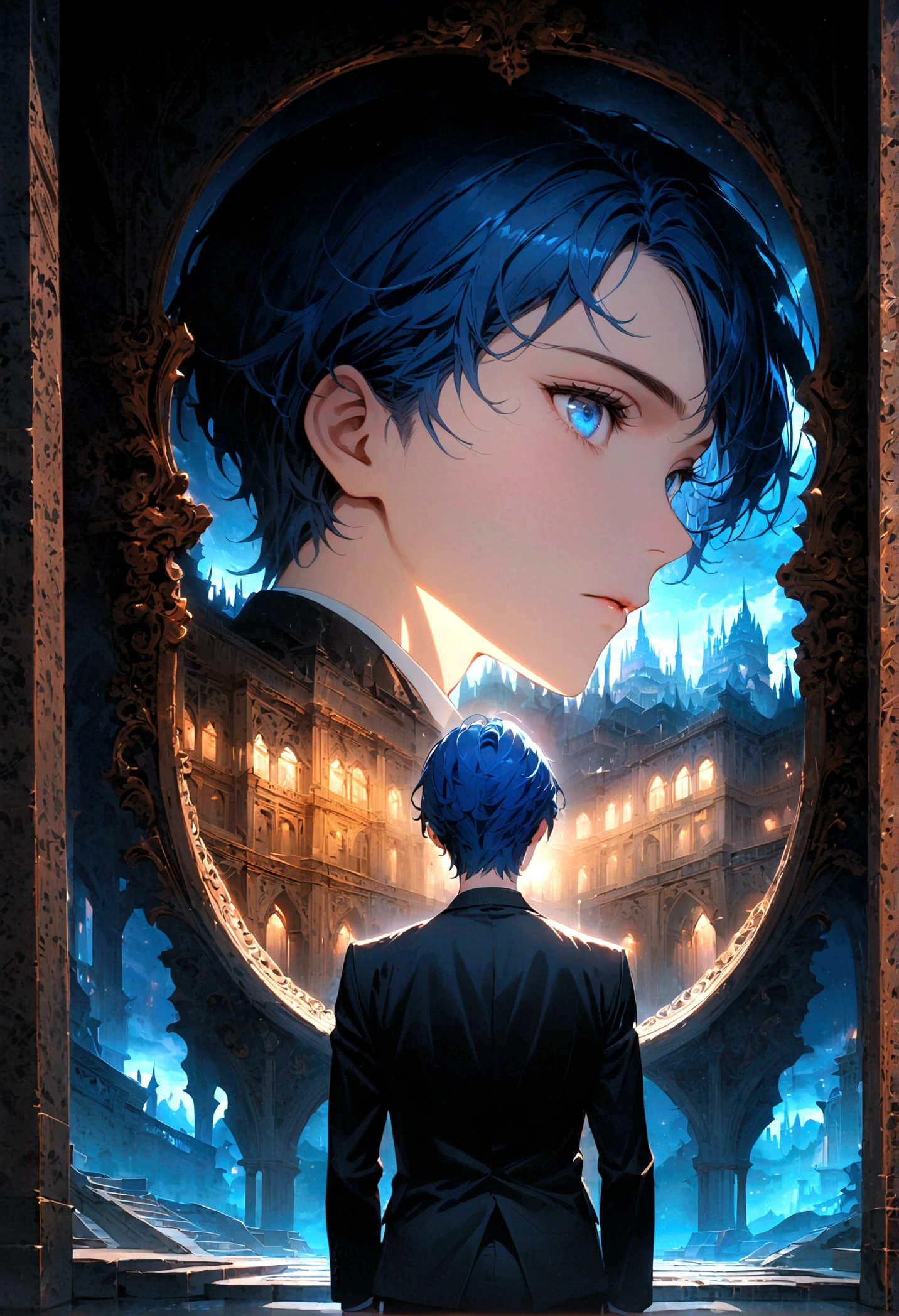 A young man with blue hair and blue eyes in a black suit turned his back and half his face in the middle of the palace at night.
