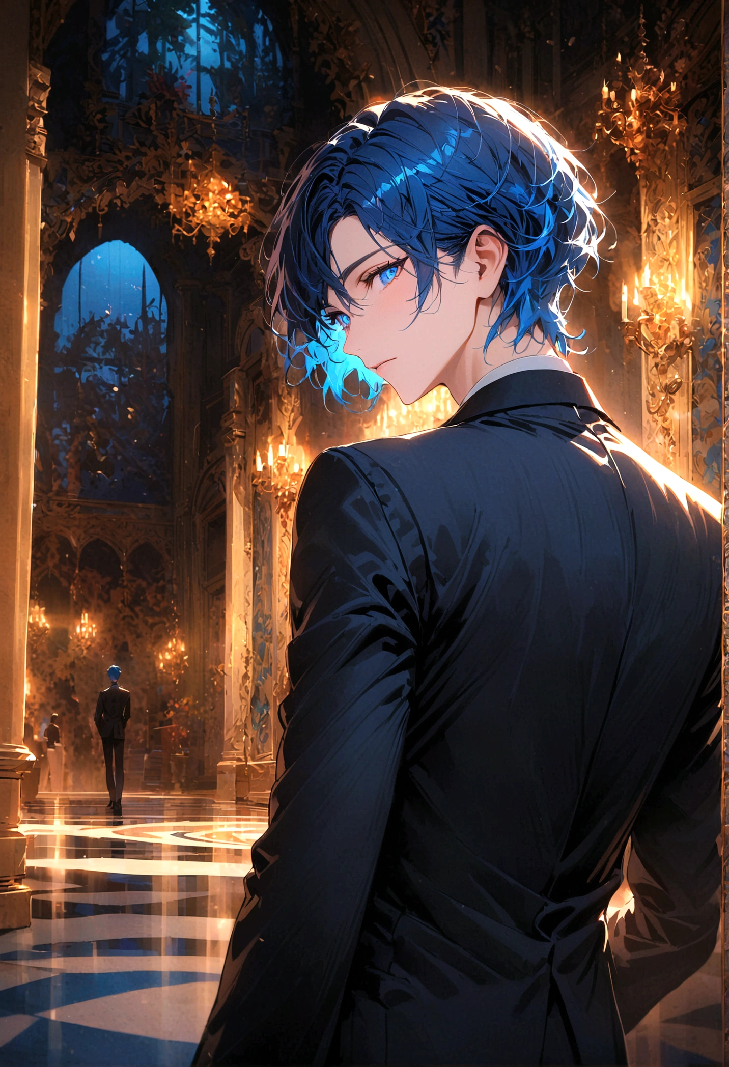 A young man with blue hair and blue eyes in a black suit turned his back and half his face in the middle of the palace at night.