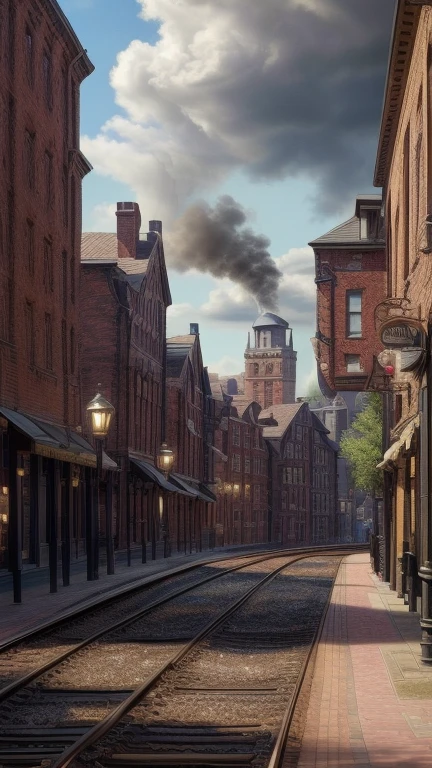 a provincial town in the 19th century, a street, a train station, a bar, a hotel, (best quality,4k,8k,highres,masterpiece:1.2),ultra-detailed,(realistic,photorealistic,photo-realistic:1.37),detailed architecture, cobblestone streets, gas lamps, brick buildings, wood buildings, ornate facades, steam trains,