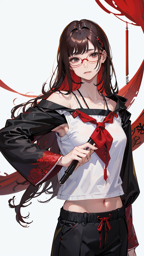 man,((Bob Wolfe,Half Up,dark red,Red-brown,Smooth))hair,((Reddish translucent))Glasses,((Rose Pattern))Short sleeve shirt,((Blackの))tie,Roll up your sleeves,((Black,Japanese style))pants,((((On the back of the right hand))Compass))Tattoo,((((Lots of stuff on my left arm))Hexagram))Tattoo,1 person,((Body facing forward))Character portrait,White background
