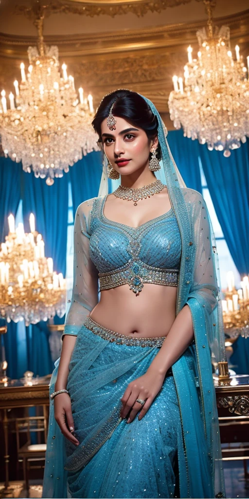 a close up of a woman in a blue dress standing in front of a chandelier, intricate sparkling atmosphere, movie screen shot, beautiful lighting effects, still shot from movie, stunning cinematography, shot from movie, beaded curtains, movie filmstill, still from a terence malik film, cinematic shot!, beautiful cinematography, visually stunning scene, glowing drapes, movie screenshot, lehenga with choli,blue transparent dupatta on head, large breasts, Big , sexy figure, sexy stomach showing, in Firstnight of marriage bedroom