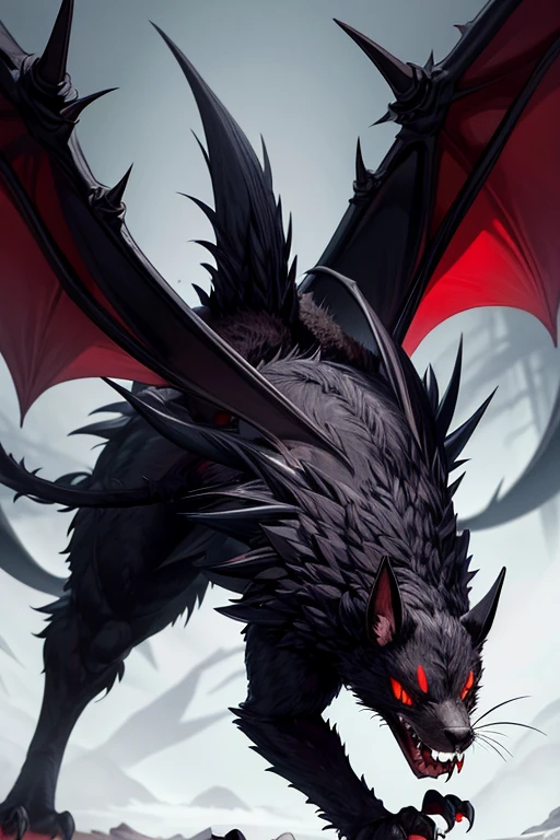 animal giant bat with spread wings with spiked rodent tail black fur red eyes open mouth spikes on the back with many fangs forest background