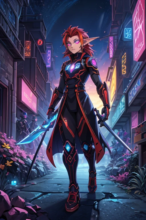 Niji mode. Full body, vampire elf wizard, secret agent, wearing a thin and elegant suit with glowing magic circuits, holding a long sword with glowing magic carvings and long handle, technological boot with glowing magic circuits, ruby eyes, dark red hair, orange skin , bright red tattoos, ruby piercings, looking at the viewer, detailed face. Atompunk, android, cyborg, mechanical parts with magic stones, magic glowing eyes, advanced technology mixed with magic, magic circuits, gears made of magic materials, developed by Technological Magic. Walking in the middle of a magical atompunk metropolis mixing technology and vegetation, particle effects, wide and deep scenery, with multiple planes of depth, cinematic and dynamic scene with a sense of movement, view of magical bright lights reflecting the scene, stylish pose, aura lights, glowing technological cables, epic atmosphere, magic tools, old anime style, Studio ghibli, metal hurlant, artbook, RPG fantasy.