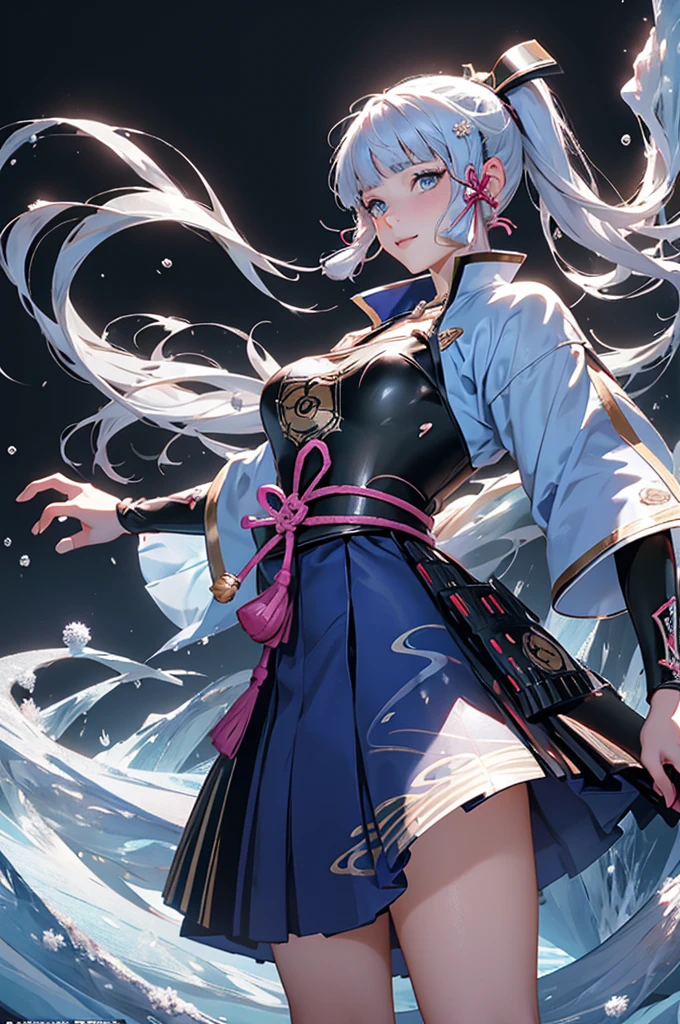 ((kamisatoayakadef)),1 Anime Girl, Warrior, Realistic people,Realistic, beautiful, smile, elegant, Majestic, Splash Art, Particles of light, Diamond Blade, (Cold Energy, Cold Blast, cold water: 1.4) Dynamic pose, ((fan、fanを持っている))((fanを広げる)),milky way, (Fractal Art:1.1), (colorful:1.1),(iceの花:1.4), (Spiral Splash), Most detailed,(抽象的なbackground:1.1), (Shiny skin), (Many colors:1.4), Ultra-high resolution, retina, masterpiece, Accurate, Anatomically correct, texture.(background:ice, snow, crystallization)
