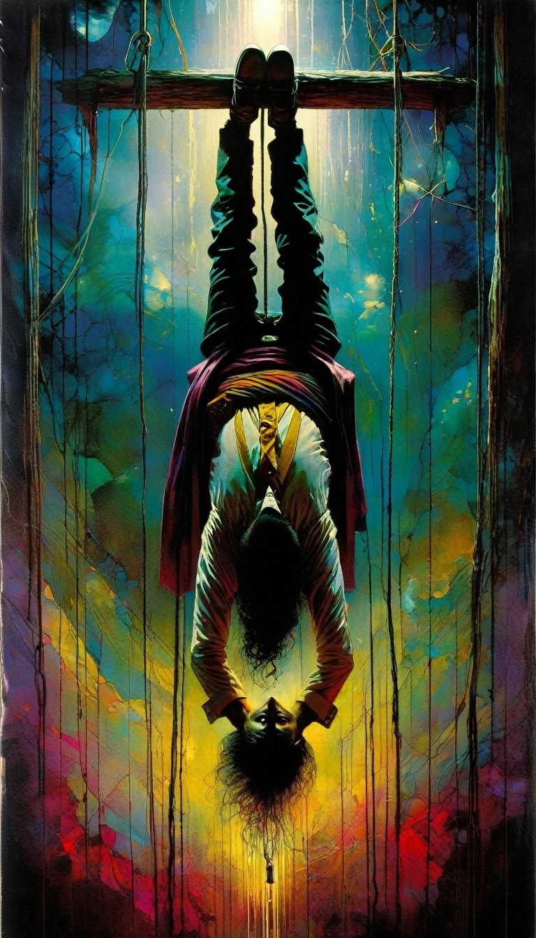(tarot card,the hanged man,bill sienkiewicz art,intricate details,vivid colors,oil painting,surreal,dramatic lighting,cinematic composition,masterpiece,photorealistic,highly detailed,sharp focus,3d,hyperrealistic,portrait,closeup,chiaroscuro,moody atmosphere,atmospheric perspective,rich textures,digital painting,ethereal,spiritual,mystical)
