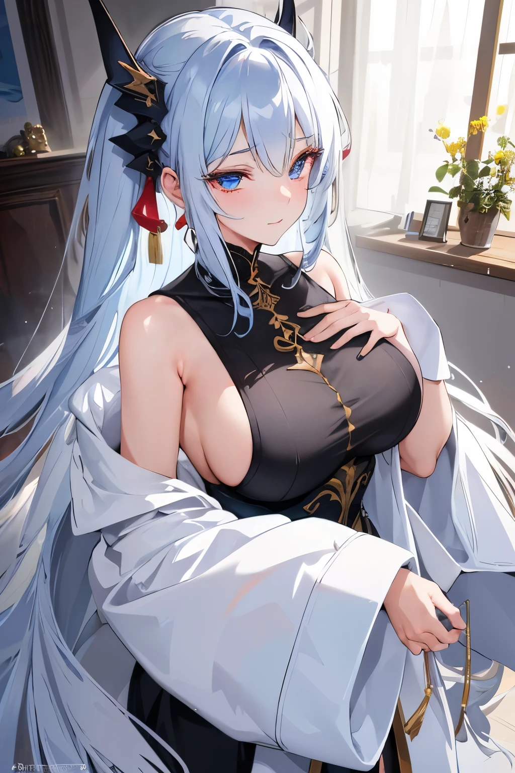 masterpiece, best quality, finely detailed, high resolution, maximalist, by artgerm, 8k anime artwork, 8k photo, trending on artstation
A captivating 20-year-old chubby girl is presented in this stunning work of art, her face adorned with strong pink makeup that accentuates her beauty. Dressed in a elegant white and red long closed qipao, she exudes an air of sensuality and mystery. Her silver-blue eyes, beautifully detailed with highlights, sparkle with an evil smile, hinting at her enigmatic personality.
Her long, silvery hair cascades down in a long white pony