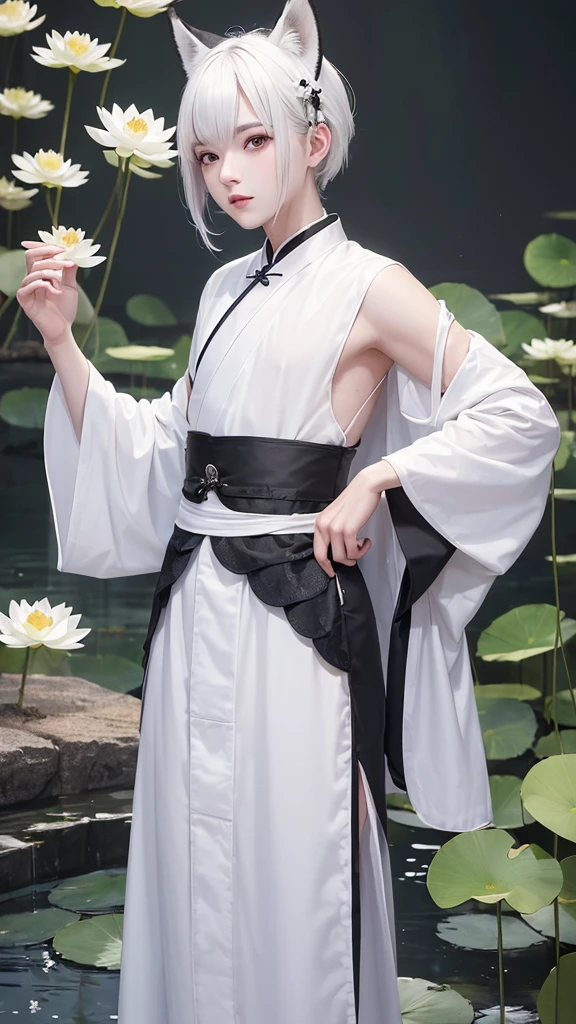 ((4k,masterpiece,best quality)), shuimobysim, traditional chinese ink painting, lotus,  hanfu, maxiskit, dress conservatively
1 boy, solo, white hair, fox ears, white,  fish, many fish near boy, look at viewer, tease,onee-shota,
