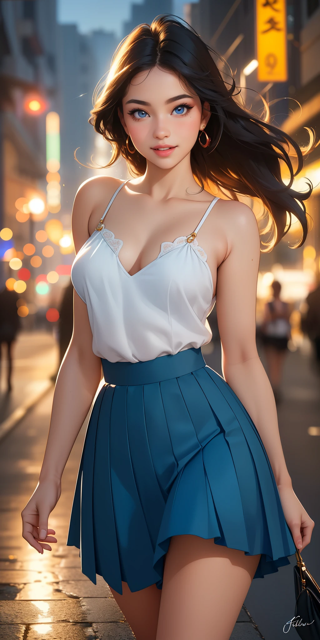 (best quality, ultra-detailed, photorealistic: 1.39), Face of naughty 19 year old ager, bright and vibrant colors, studio lighting, romantic expression, Long pleated skirt, beautiful top with straps, elegant makeup, long Multicolors hair flowing in the wind, attractive eyes, lips bright, sexy pose, beautiful roses, smiling confidently and seductively, posing for a professional photo shoot, shallow depth of field, soft natural lighting, creating a dreamy and magical atmosphere. on the street, night,