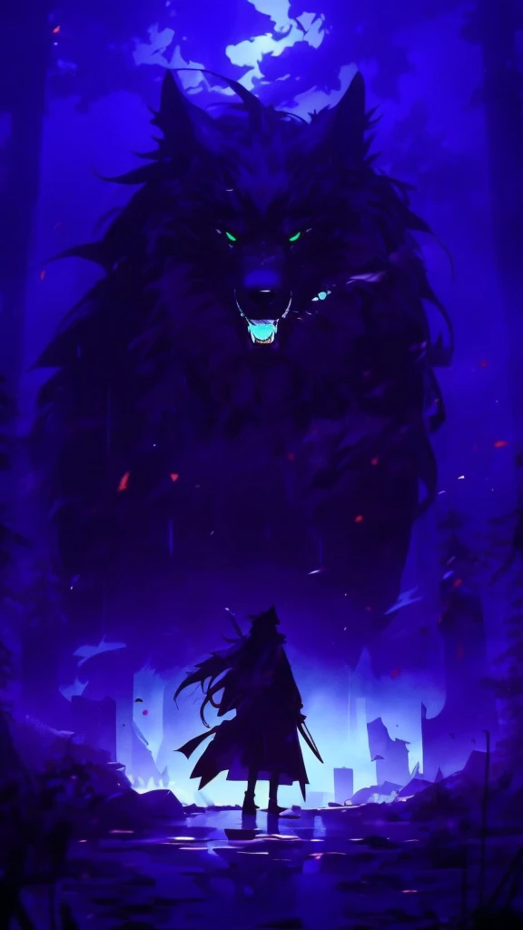 Giant wolf all hairy in a dark forest, there is fog around and there are orange rays around the wolf
Raios laranja em volta
Eletricidade