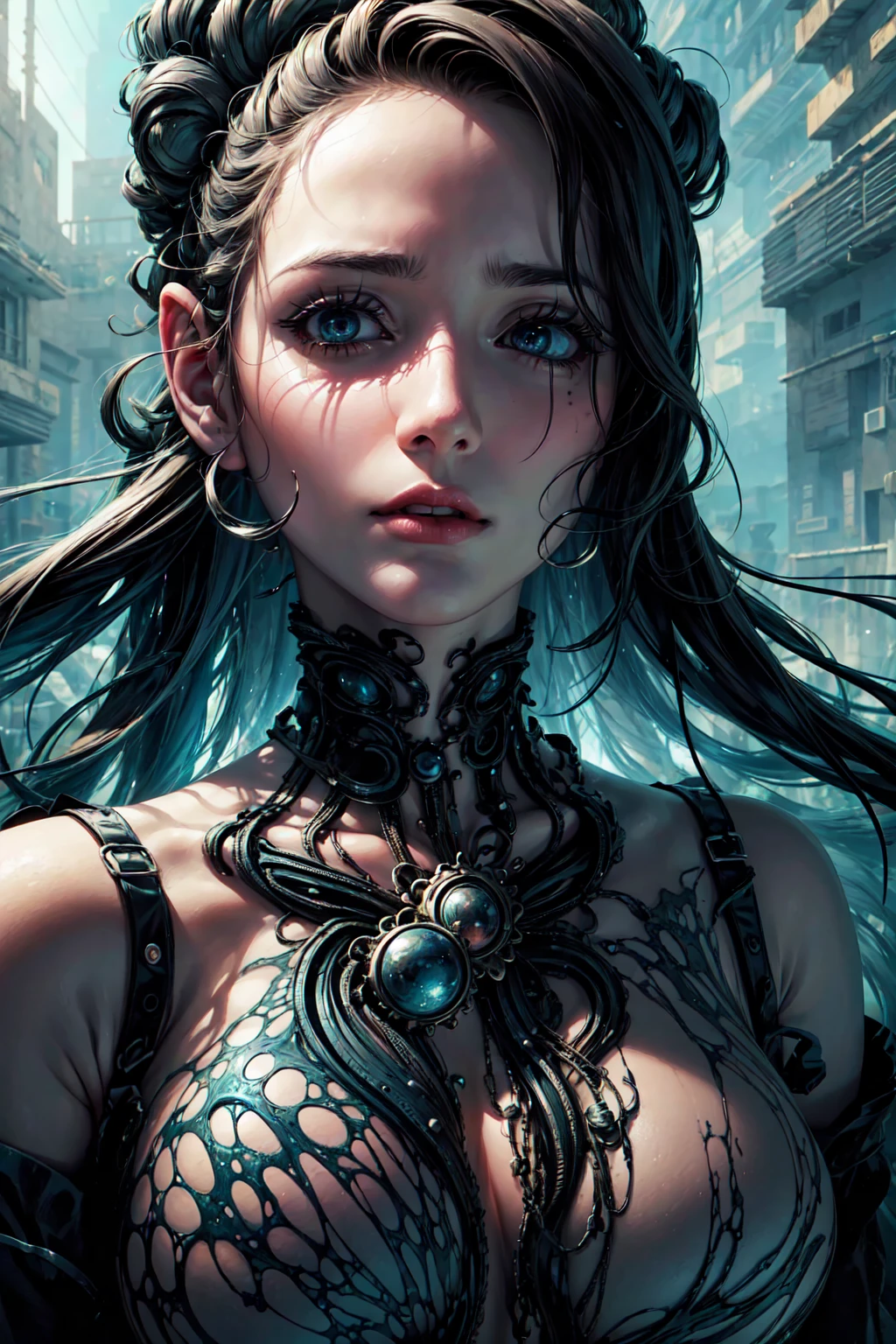 a woman suddenly trapped in a spacetime distortion, intense fear, a chaotic painting filled with fractal art and psychedelic art, (best quality,4k,8k,highres,masterpiece:1.2),ultra-detailed,(realistic,photorealistic,photo-realistic:1.37),1 woman, extremely detailed eyes and face, long eyelashes, mesmerizing intricate fractal patterns, psychedelic swirling colors, chaotic surreal landscape, glitching distorted reality, dramatic lighting, ethereal atmosphere, cinematic composition.