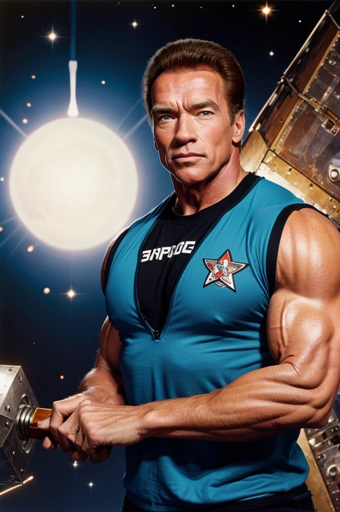 Arnold Schwarzenegger in space with a hammer