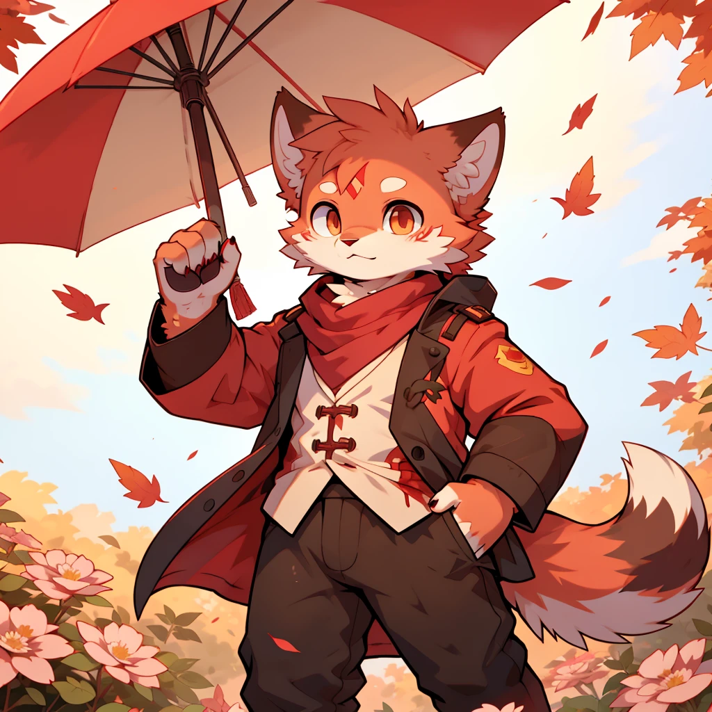 Male red cat，Chinese trench coat，firmament，shoun，Single-image charts，Long red scarf，Maple leaves fall from the sky，An umbrella that protects flowers from blood rain