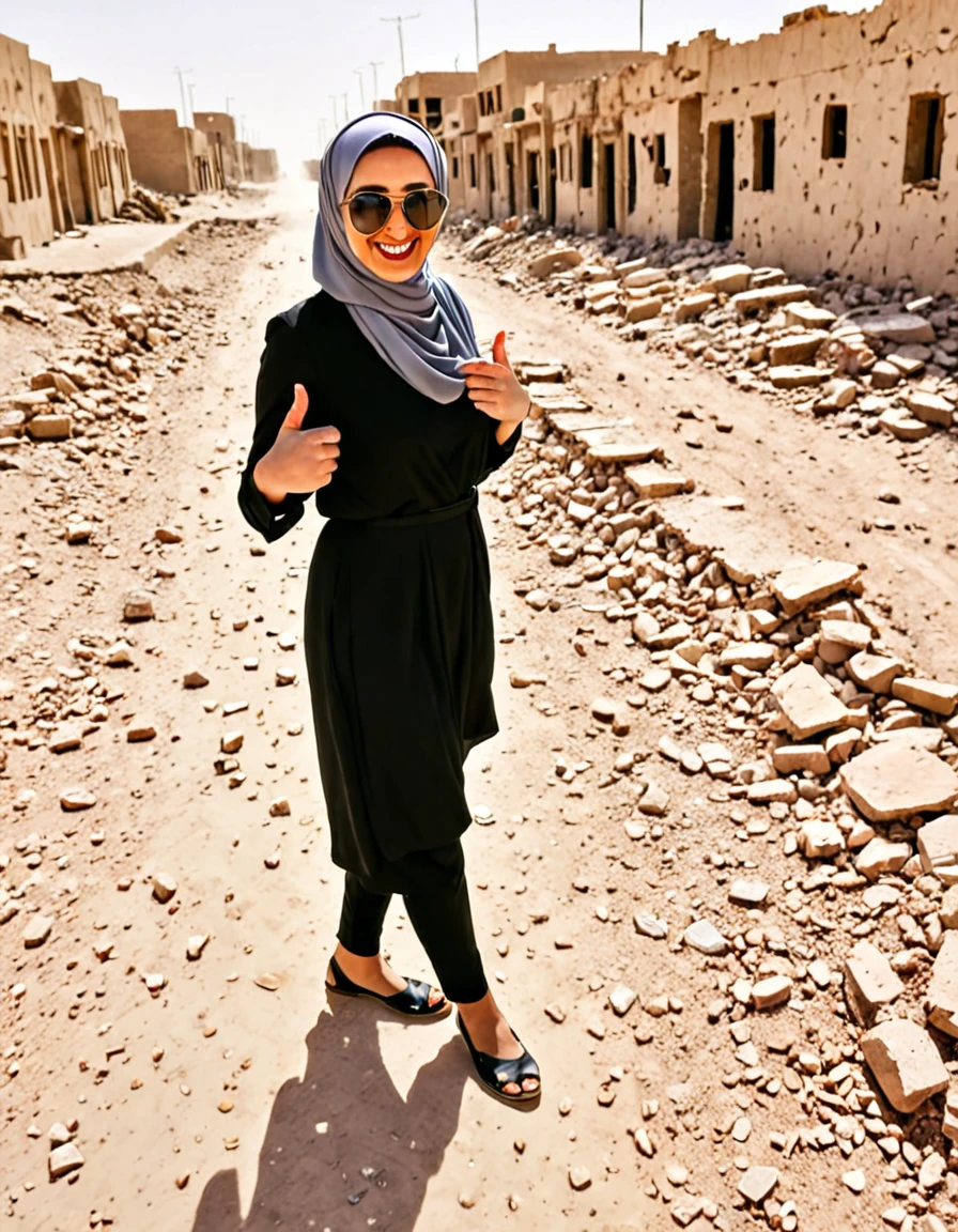 Pale skin Kurdish sunglasses woman in hijab standing in demolished street desert laughing thumb sign