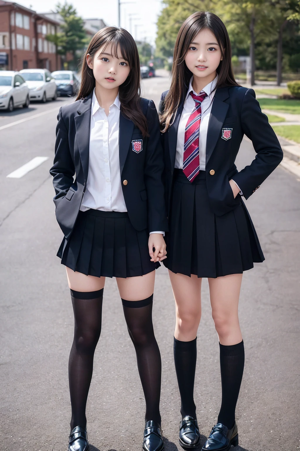 (Realisticな紺色ブレザーの制服を着用しています), ((女子高校生はI always wear black stockings)), (8K), (Highest quality: 1.2), (Realistic: 1.2), Ultra-high resolution, Very detailed, Golden Ratio, (RAW Photos:1.1), (女子高校生が2人こちらを向いてstanding),((Full body portrait)), (Wide thighs),Japanese high school girls, 19 years old, Detailed skin, Enako's face, Super cute face, (F Cup Big:1.3), Cleavage, Put your hands on your hips, (Realisticな紺色ブレザーの制服を着用しています:1.7), (Winter uniforms), (The pleated mini skirt is very short:1.4), (Wide thighsと長い脚:1.3), ((Wide thighs)), ((Shiny black stockings:1.3)), ((女子高校生はI always wear black stockings)), (Wearing high heel loafers) Ultra-high resolution, Realistic, Very detailed, Golden Ratio, Highest quality, Standing full body shot, (Promotional photo shoot), (standing), (Two beautiful secretaries with model figures), Beautiful Face, (Realisticな face), (Blonde short cut:1.3), Realisticな目, Pretty pretty eyes, Realisticな skin, Beautiful Skin, Plump body line, Anatomically correct body, (wide thighs), (Very long legs), (I always wear black stockings:1.3), Fully clothed, Dark blue OL suit, Micro Mini Skirt, (The skirt is very short:1.2), (Very long legs:1.4), (とてもWide thighs:1.3), (彼女はI always wear black stockings:1.4), (Wearing brown platform high heels), Accurate high heels,