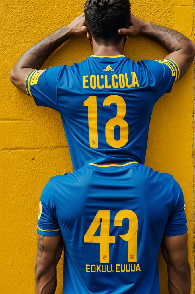 Barcelona Ecuador t-shirt with blue back and that says April with the giant number 19 in the middle of the back of the t-shirt, the front of the yellow t-shirt with the logo on the right side, yellow and blue sleeves
