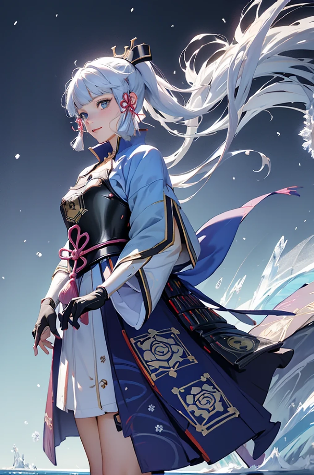 ((kamisatoayakadef)),1 Anime Girl, Warrior, Realistic people,Realistic, beautiful, smile, elegant, Majestic, Splash Art, Particles of light, Diamond Blade, (Cold Energy, Cold Blast, cold water: 1.4) Dynamic pose, ((fan、Have a fan))((Expand your fan base)),milky way, (Fractal Art:1.1), (colorful:1.1),(Ice Flower:1.4), (Spiral Splash), Most detailed,(Abstract background:1.1), (Shiny skin), (Many colors:1.4), Ultra-high resolution, retina, masterpiece, Accurate, Anatomically correct, texture.(background:ice, snow, crystallization)
