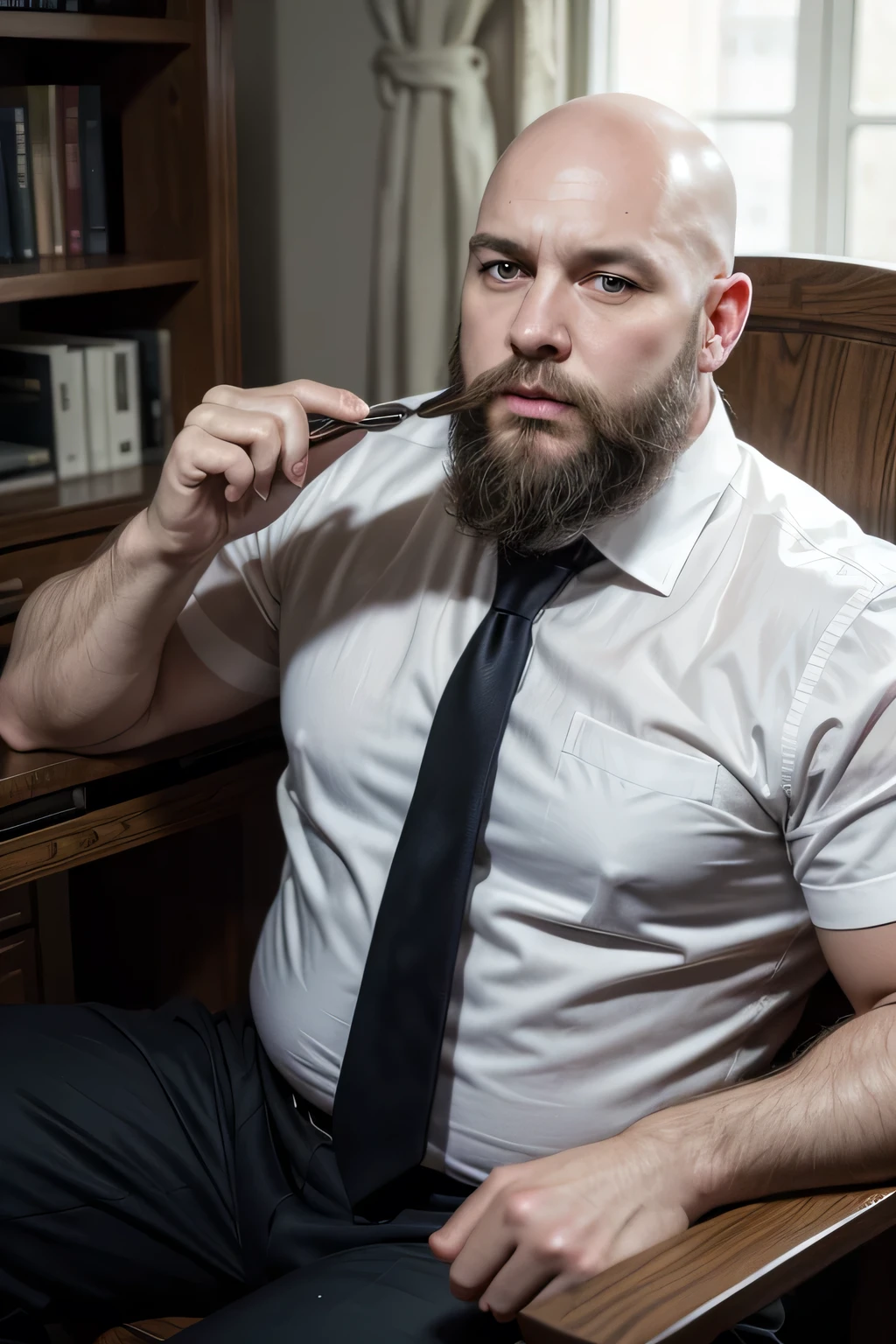 politic, baldie, naughty man, 40 years old, detailed image, realisitic, a little overweight, you suit and tie and a good big beard, sitting down