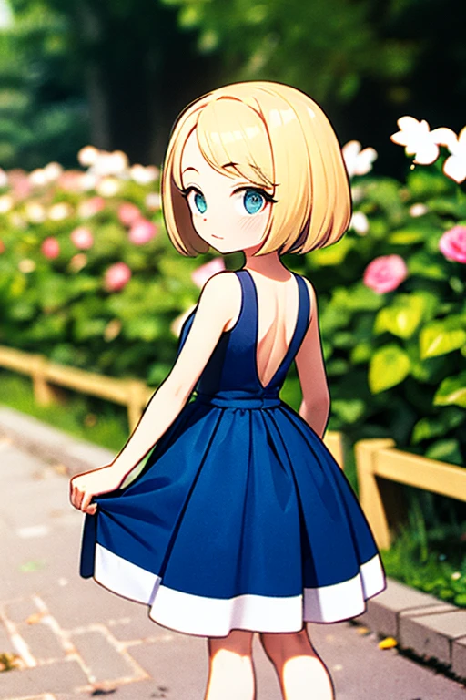 8K, photo and gross, fujifilm, Style photography of a beautiful young girl like Avril in a light pink rose garden. (very detailed skin: 1.2) Style-Petal BREAK short hair, blonde hair with colored highlights, wearing a dress, film grain, 35mm, beautiful style