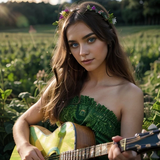 Kale, beautiful girl, gorgeous eyes, funny fingers, Make-up natural, in a dress made of plants, colors, plays guitar, field with lights, hyper detail, mystical light light