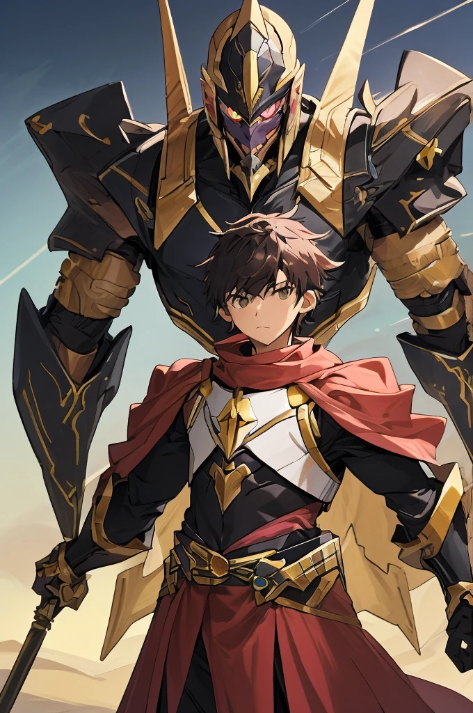 high resolution、masterpiece、Fantasy anime world、middle East、3人のmale（Brave（male）good looking、and the Golem User、Young Beard、and the Wizard）、and a golem like Megazord