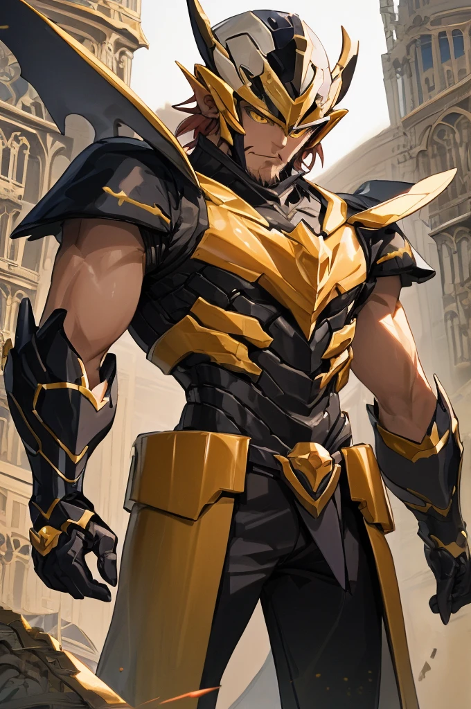 high resolution、masterpiece、Fantasy anime world、middle East、3人のmale（Brave（male）good looking、and the Golem User、Young Beard、and the Wizard）、and a golem like Megazord